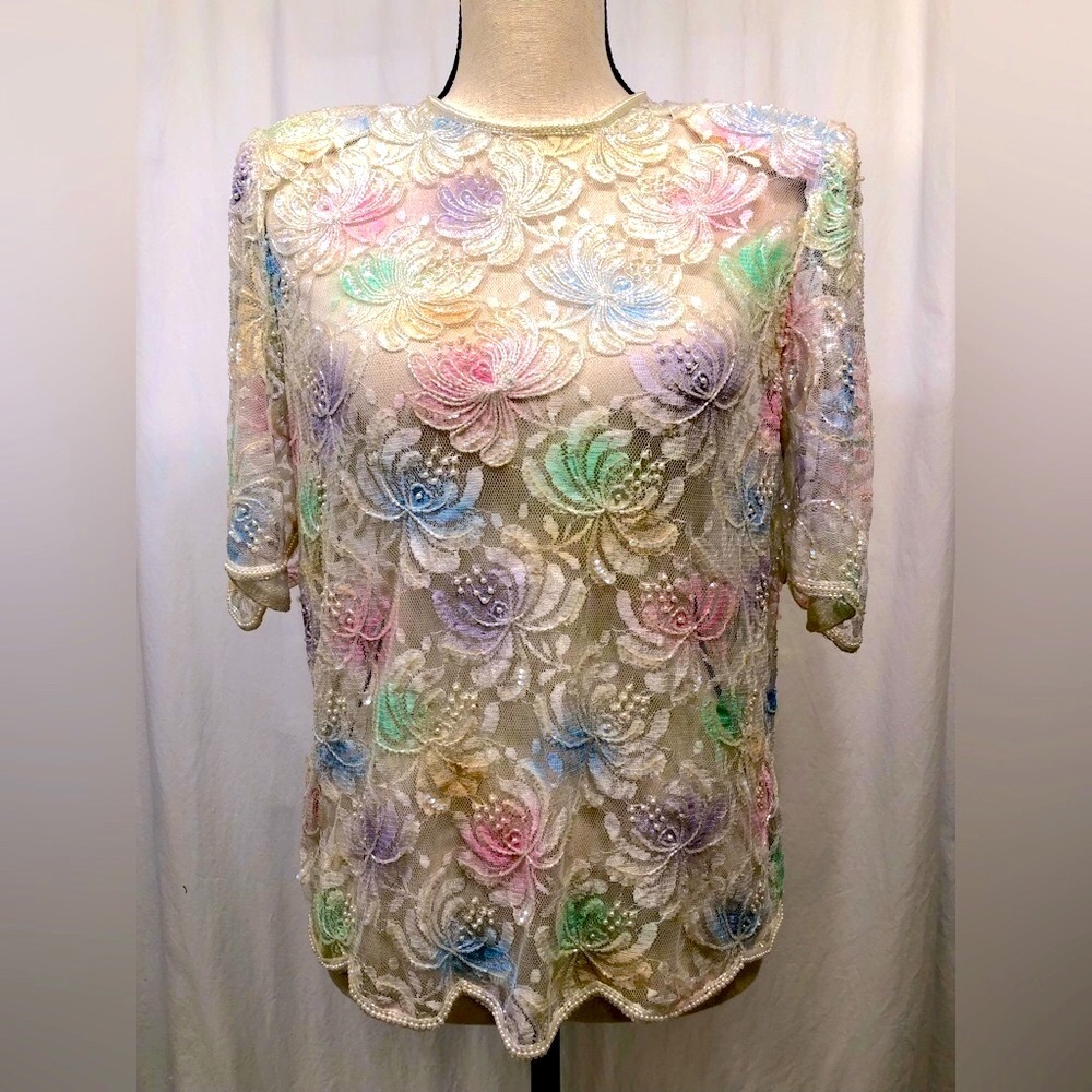 Scala Top Womens Medium Cream Multicolor Beaded Flowers Statement Piece